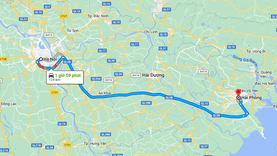 Khoảng cách từ thành phố Hà Nội đến Hải Phòng theo Google Maps là 124km