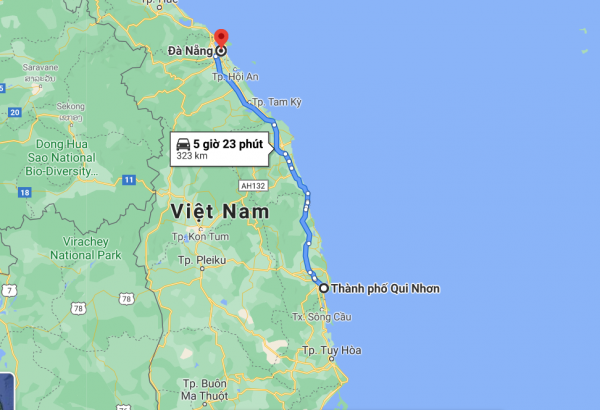 Khoảng cách từ Bình Định tới Đà Nẵng khoảng 323 km