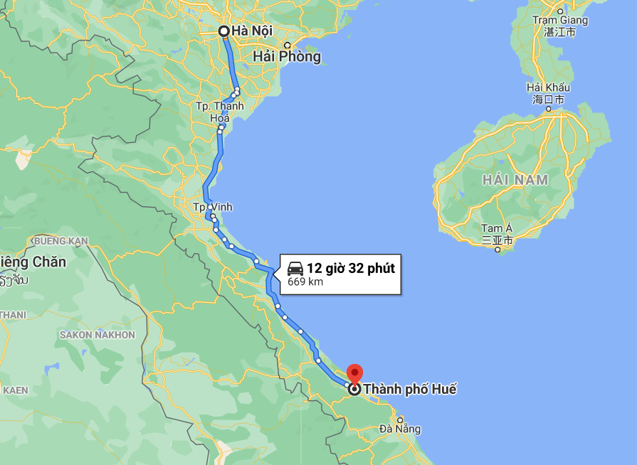 Khoảng cách từ thành phố Hà Nội đến Huế theo Google Maps là 669km