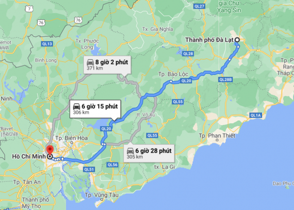 Khoảng cách từ Đà Lạt đến TP Hồ Chí Minh theo Google Maps là 305km