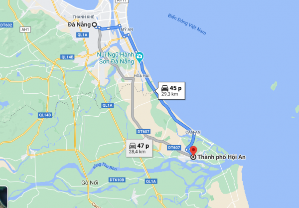 Khoảng cách từ thành phố Đà Nẵng đến Hội An theo Google Maps là 29km