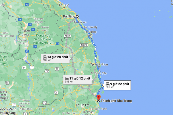 Khoảng cách từ thành phố Đà Nẵng đến Nha Trang theo Google Maps là 533km