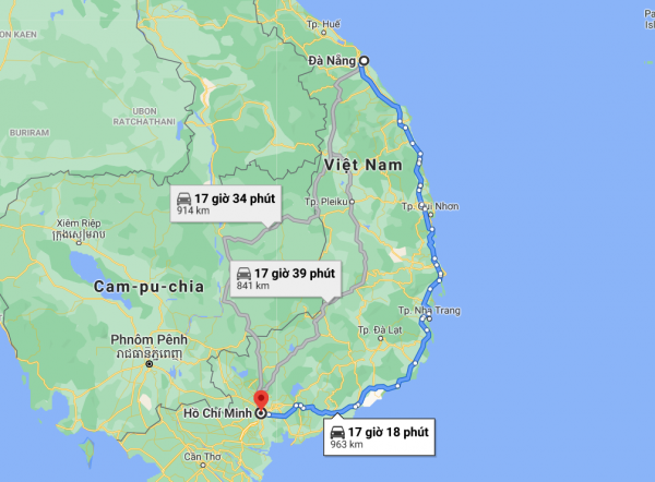 Khoảng cách từ thành phố Đà Nẵng đến Sài Gòn theo Google Maps là 963km