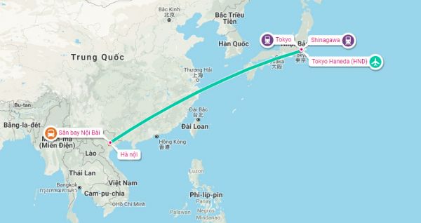 Khoảng cách từ Thủ đô Hà Nội đến thủ đô Tokyo của Nhật Bản là 3.734km