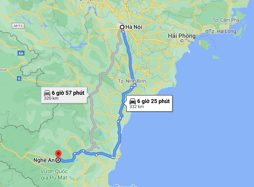 Khoảng cách từ thành phố Hà Nội đến Nghệ An theo Google Maps là 332km