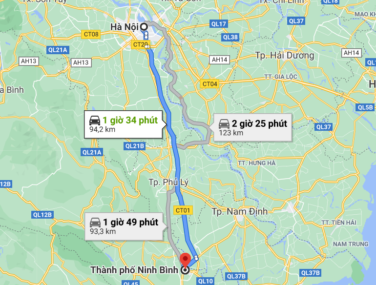 Khoảng cách từ Hà Nội đến Ninh Bình khoảng 100km