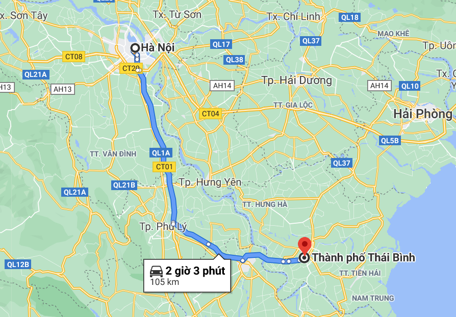Khoảng cách từ Hà Nội tới Thái Bình khoảng hơn 100km