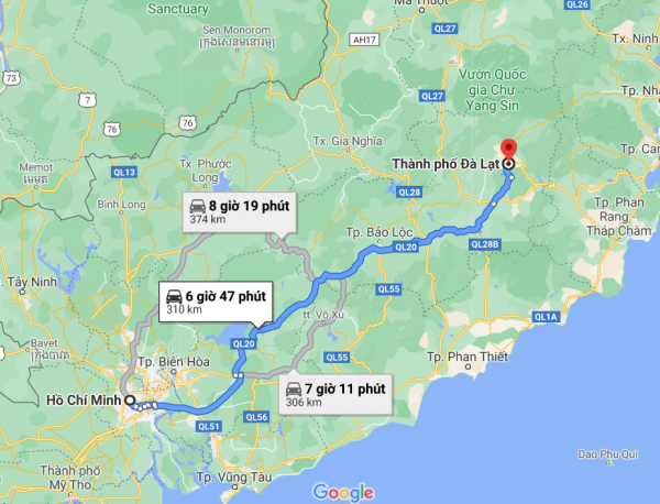 Khoảng cách từ Hồ Chí Minh tới Đà Lạt khoảng 309km