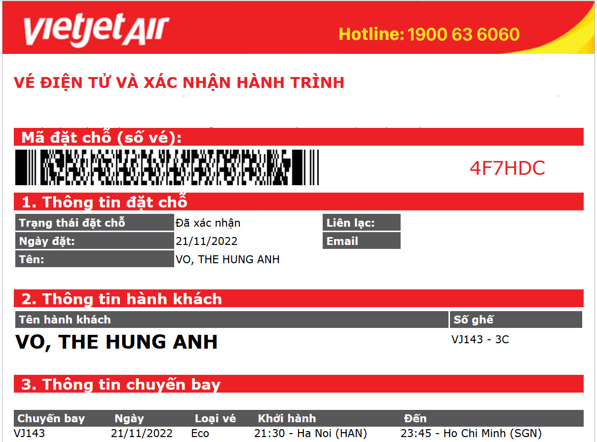 Vé điện tử của hãng Vietjet Air
