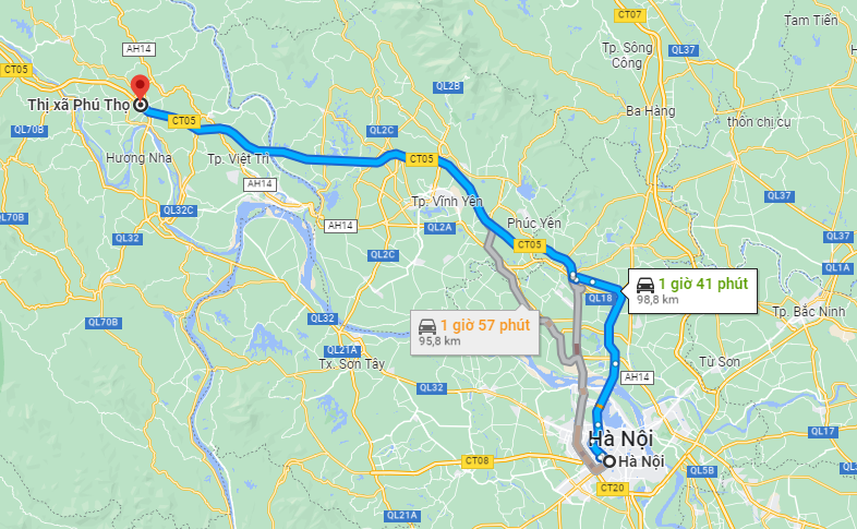 Khoảng cách từ Hà Nội đến Phú Thọ là 98,8km