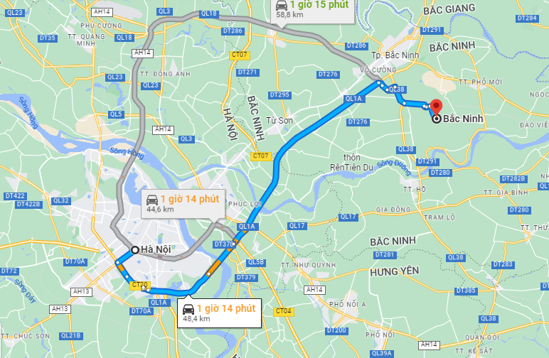 Khoảng cách từ Hà Nội đến Bắc Ninh là 48,8km theo số liệu từ Google Maps