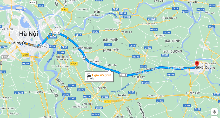 Khoảng cách từ Hà Nội đến Hải Dương theo số liệu từ Google Maps