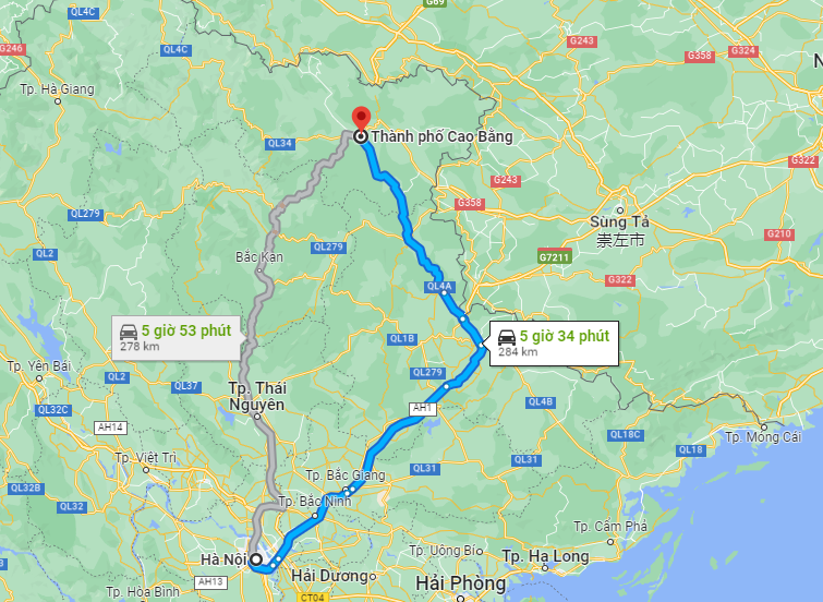 Theo số liệu từ Google Maps, khoảng cách từ Hà Nội đến Cao Bằng là 284km