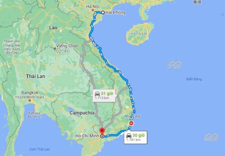 từ Hải Phòng đến Sài Gòn bao nhiêu km