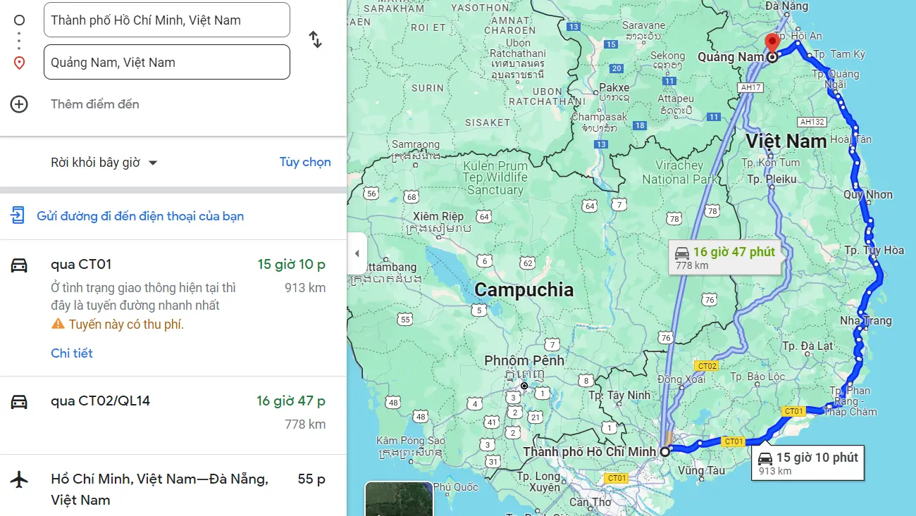 Khoảng cách từ Sài Gòn đến Quảng Nam theo đường bộ là 913km